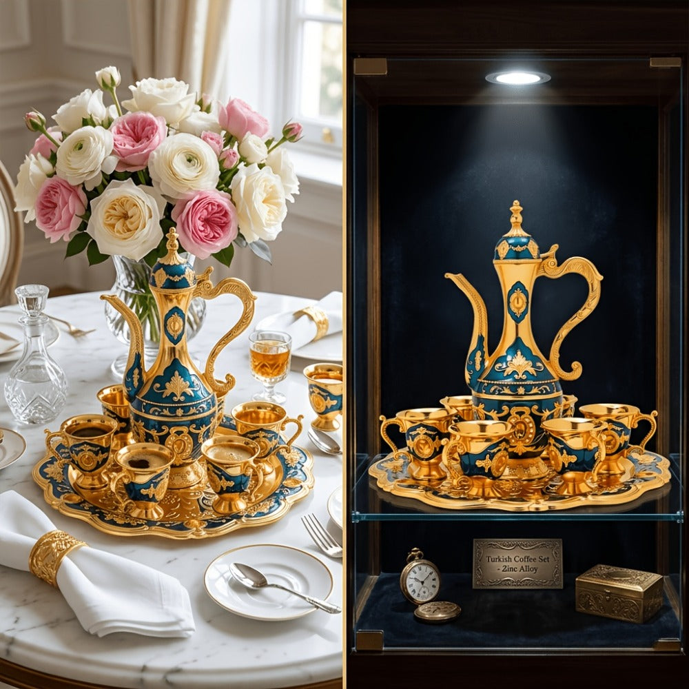 Vintage-Style Turkish Tea and Coffee Serving Set with Teapot, Six Cups and Tray in Three Colors