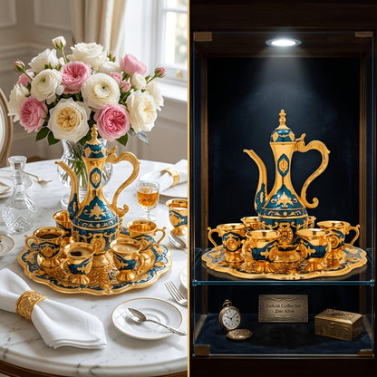 Vintage-Style Turkish Tea and Coffee Serving Set with Teapot, Six Cups and Tray in Three Colors