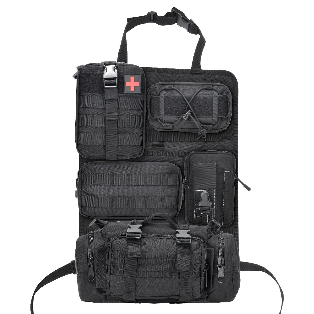 Tactical Car Seat Organizer – MOLLE Nylon Seat Back Storage Bag with 5 Pockets, Front & Rear Seat Protector for Jeep, Truck, SUV | Car Interior Accessories for Men & Women