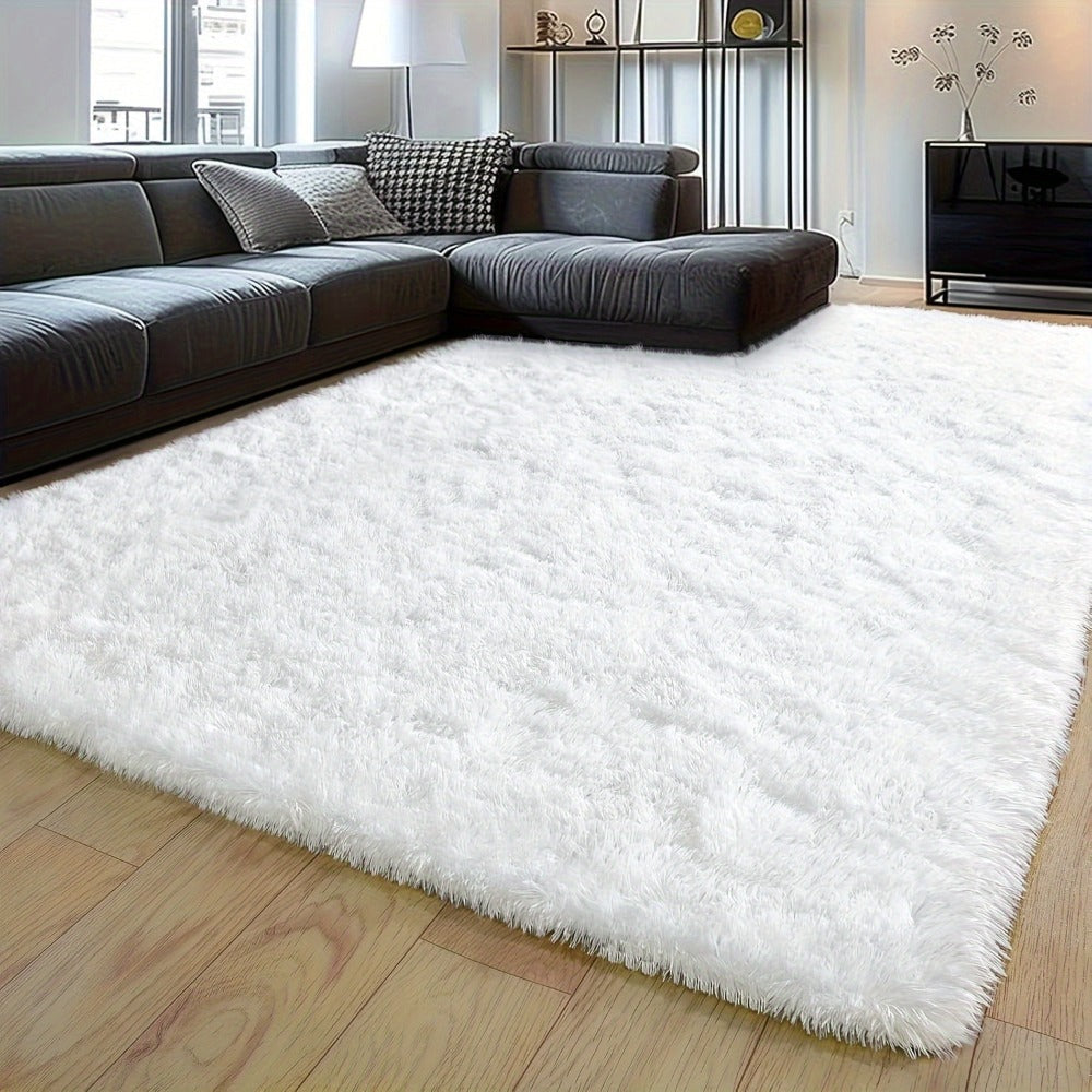 Area Rug White Fluffy High-Pile Shag in Three Washable Sizes for Living Room, Bedroom or Dorm