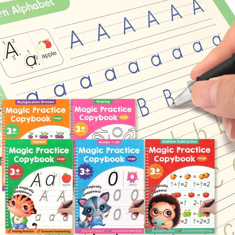 Magic Grooved Handwriting Practice Book for Kids Ages 3-8 — Reusable 5-in-1 Tracing Workbook for Letters Numbers Drawing Math, 3D Groove Pen Control Training with Grip Aids, 10.2×7.3 In