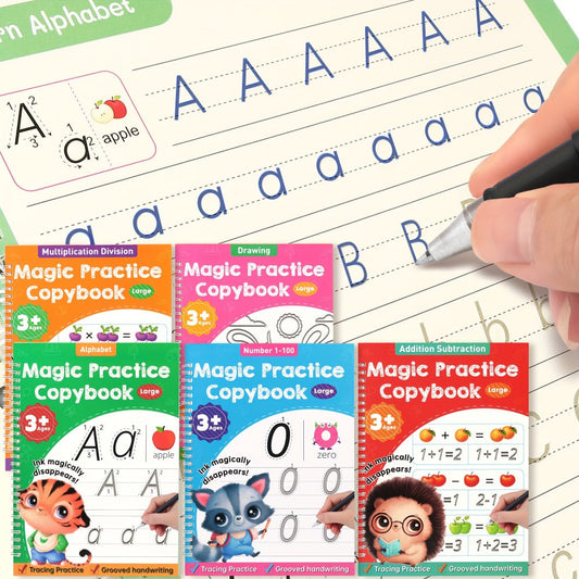 Magic Grooved Handwriting Practice Book for Kids Ages 3-8 — Reusable 5-in-1 Tracing Workbook for Letters Numbers Drawing Math, 3D Groove Pen Control Training with Grip Aids, 10.2×7.3 In