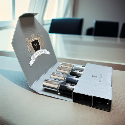 Four-Piece Mini Fragrance Spray Set with 20 ml Checkout Label, Slim Bottles and Boxed Presentation