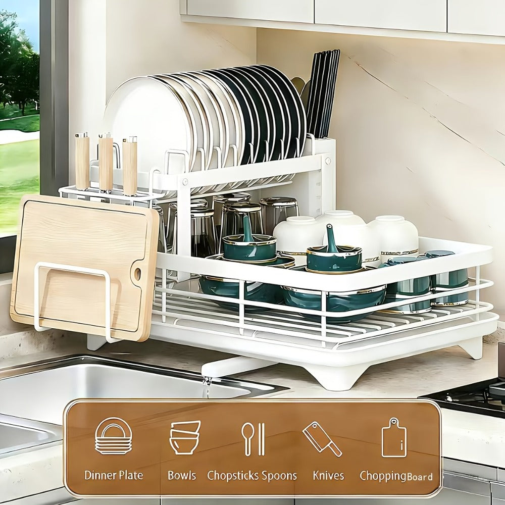 2-Tier Dish Drying Rack with Drainboard & Mat – Metal Dish Rack for Kitchen Counter with Knife Fork Cup Holder
