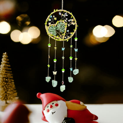 Round Beaded Wall Hanging Decor in Purple, Pink or Green with Heart Charms and Five Hanging Strands