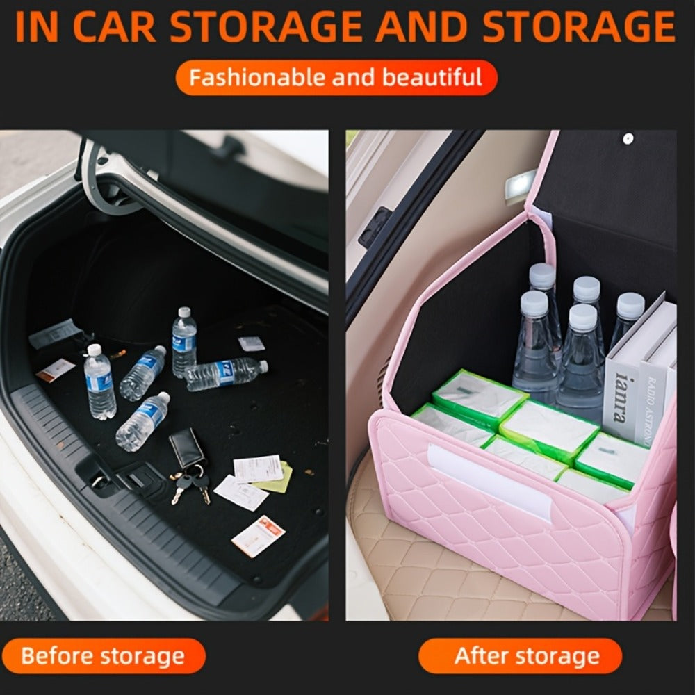 Car Trunk Organizer, Foldable Faux Leather Bow-Detail Box in 30L or 35L Size with Pink and Black Options