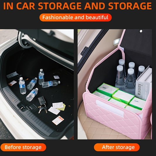 Car Trunk Storage Box Foldable Faux Leather Organizer – High-Capacity 30L/35L Vehicle Cargo Box, Multi-Pocket Space-Saving Trunk Organizer for Women, Daily Use & Road Trips