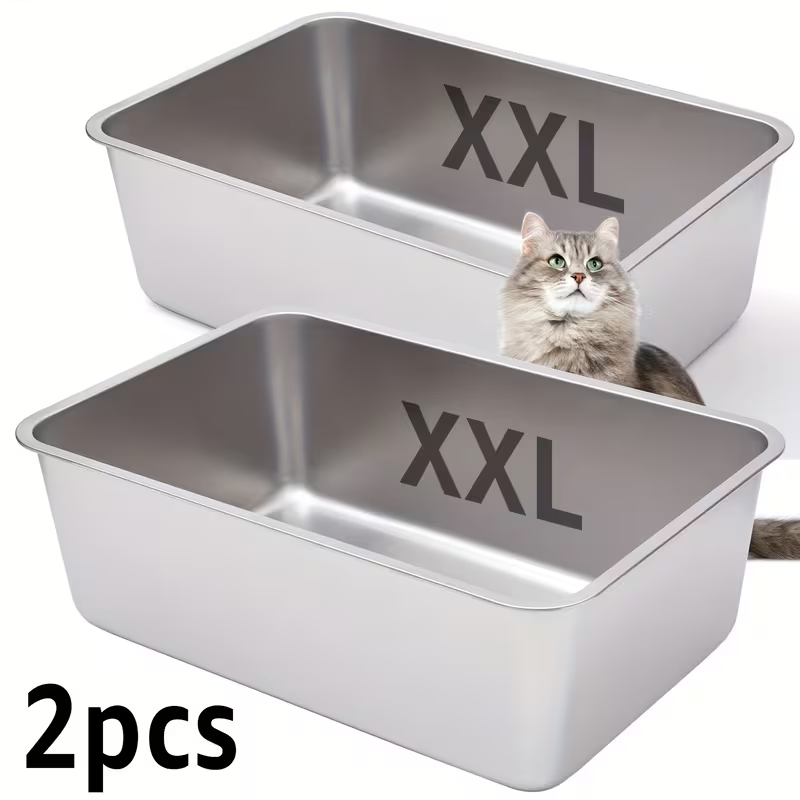 2-Pack Stainless Steel Cat Litter Box Pans with Open-Top Rectangular Design in M, XL or XXL Sizes