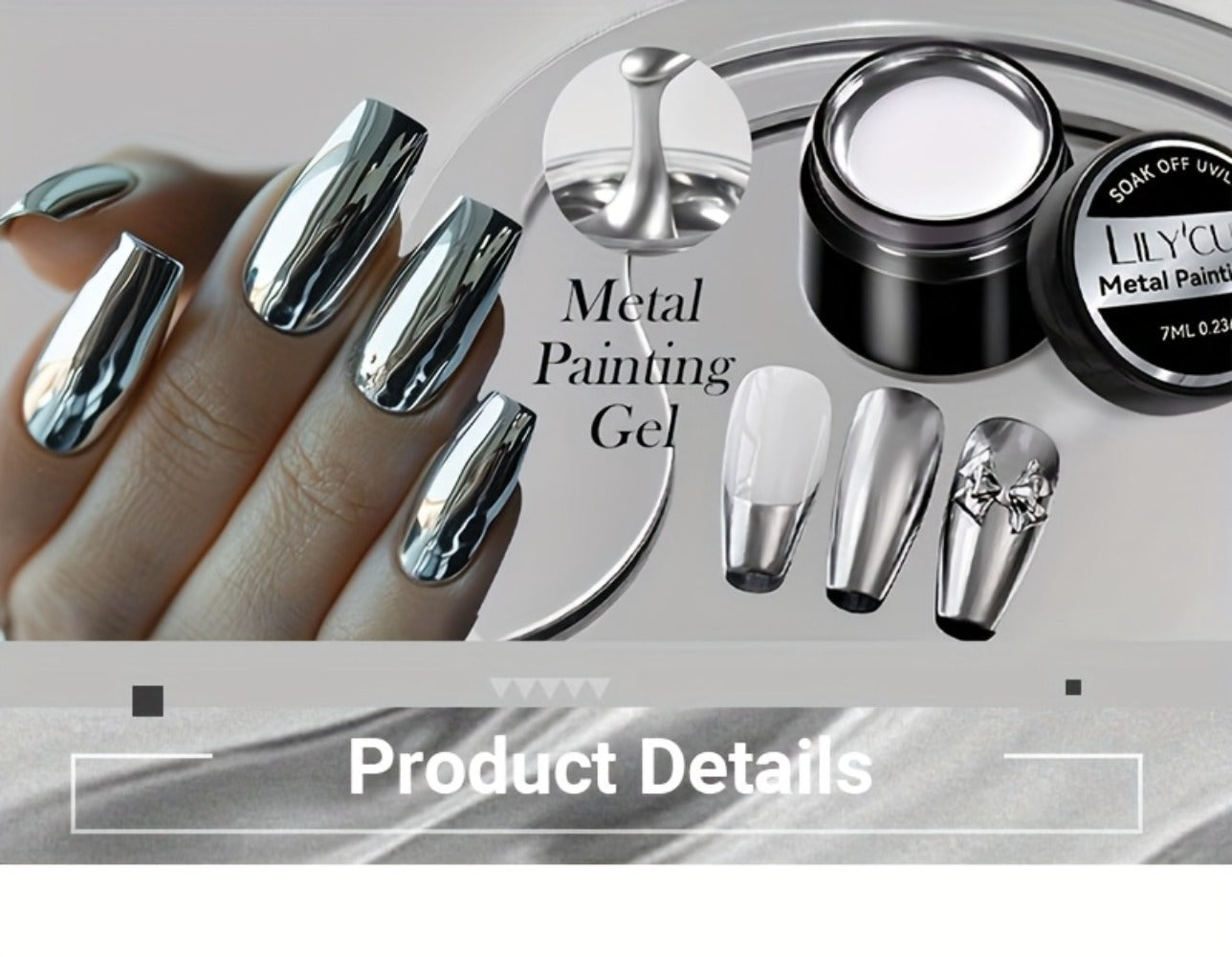 Metallic Silver Nail Art Painting Gel in 7ml LILYCUTE Jar with Fine Detail Brush for Lines and Floral Patterns