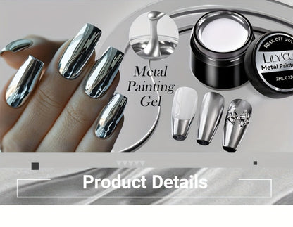 Metallic Silver Nail Art Painting Gel in 7ml LILYCUTE Jar with Fine Detail Brush for Lines and Floral Patterns
