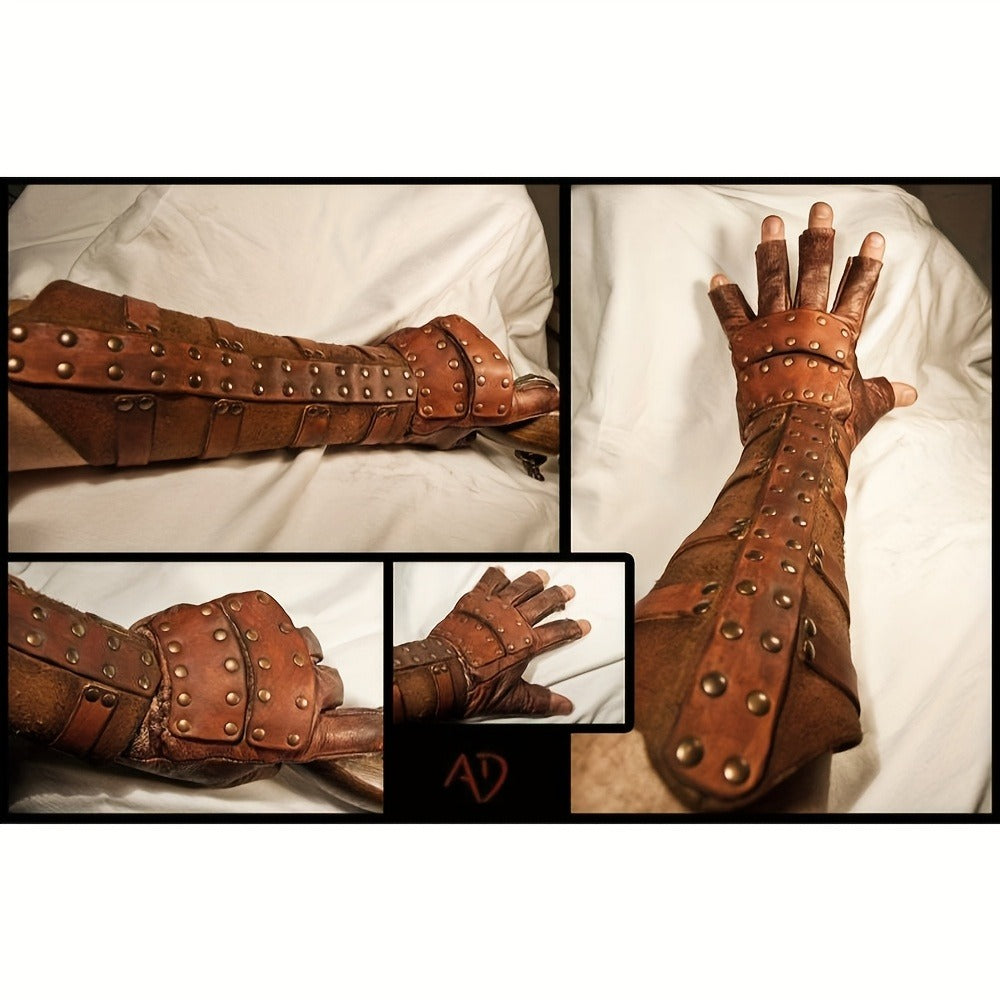 Riveted Costume Forearm Guard in Brown, Black or Coffee with Finger Loop and Buckled Strap Details