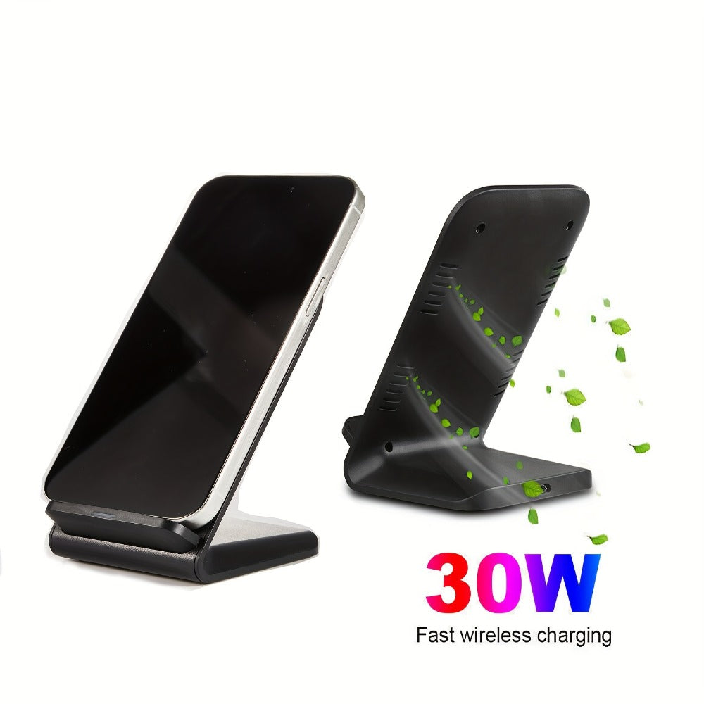 Black Dual-Coil Wireless Charging Stand with Vertical or Horizontal Support and 19 Device Labels