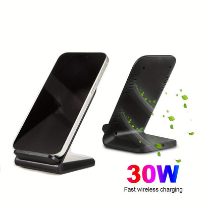 Black Dual-Coil Wireless Charging Stand with Vertical or Horizontal Support and 19 Device Labels