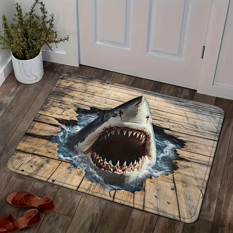 Shark Door Mat Non-Slip Washable Polyester Flannel Rug for Entryway Bathroom Bedroom Living Room Kitchen Porch Laundry RV Ocean Sea Design