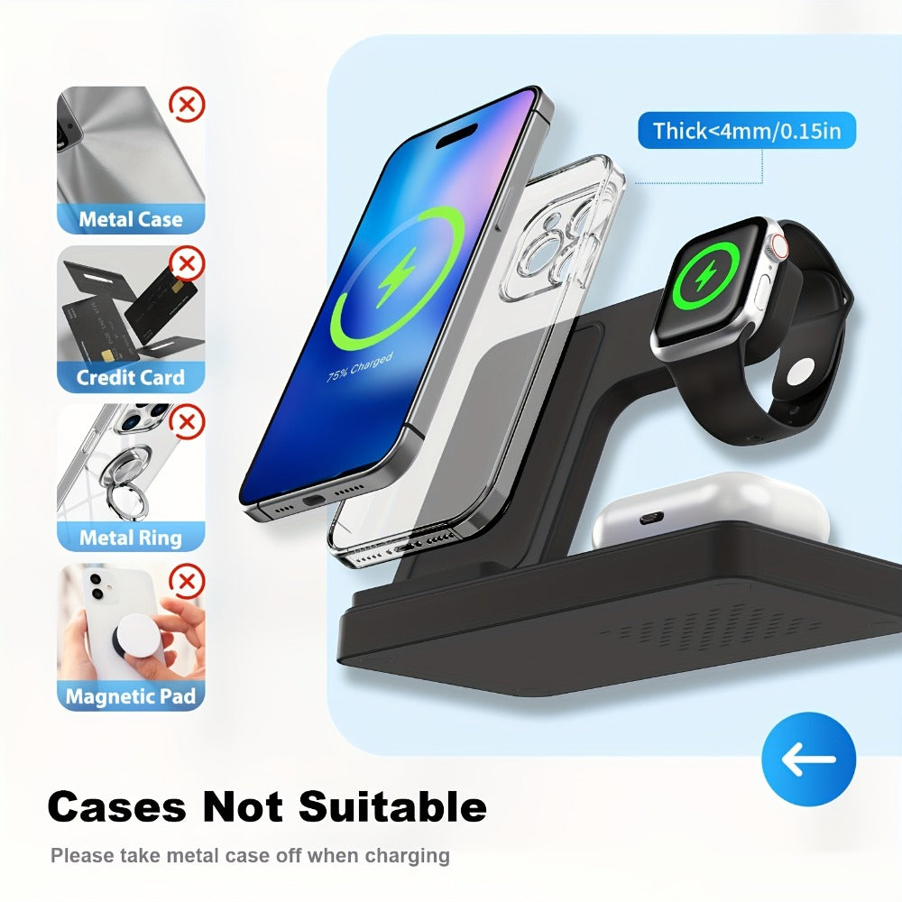 Wireless Charging Station, Foldable 3-in-1 15W Portrait-Landscape Stand with Four Black or White Adapter Options
