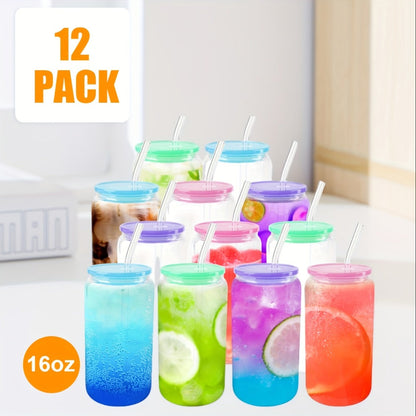 Frosted Sublimation Glass Tumblers 16oz Borosilicate Can Cups with Acrylic Lids – Set of 8 or 12 for Juice, Soda & Iced Coffee
