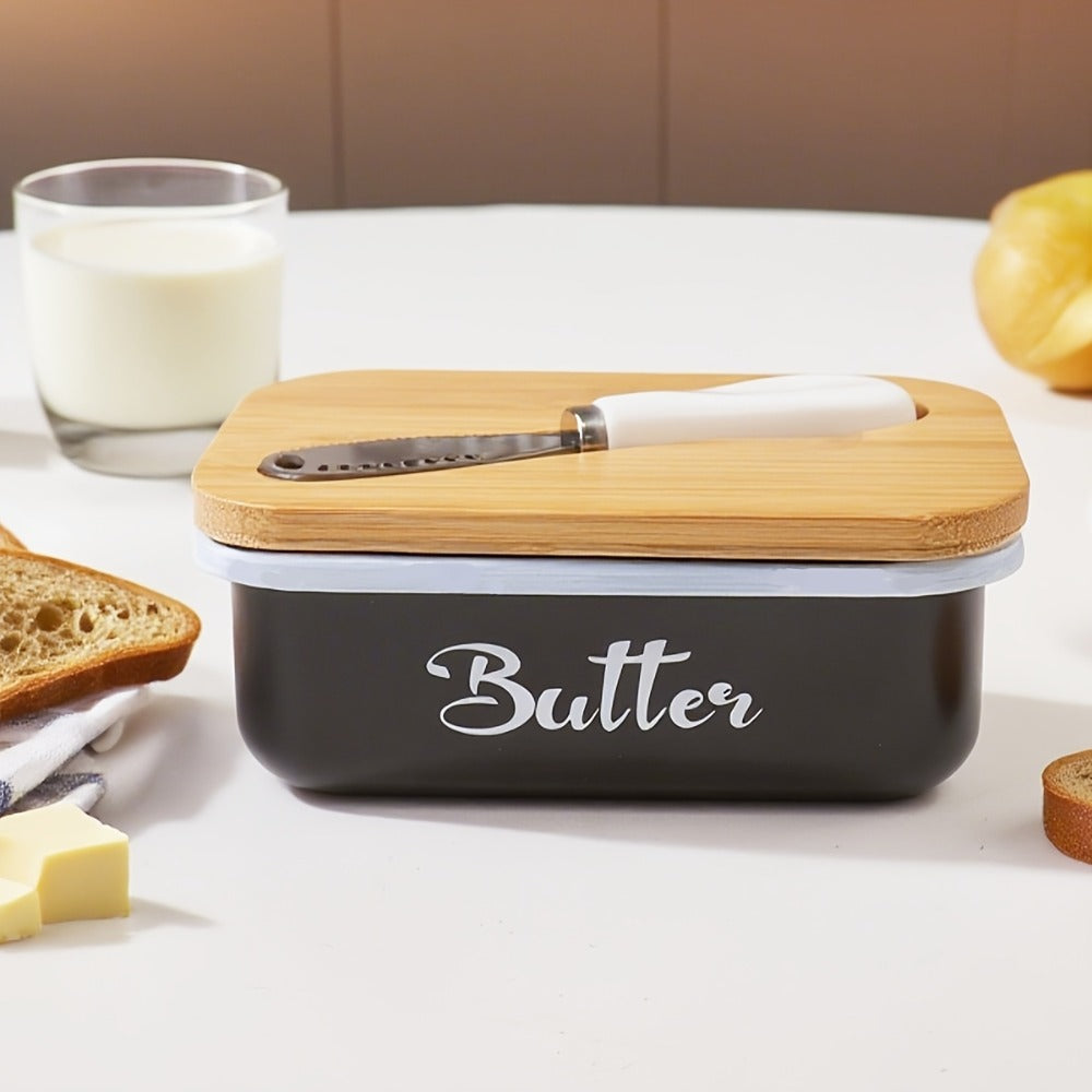 Black, Grey or Green Metal Butter Dish with Bamboo Lid, White-Handle Knife and 15.6 x 10.9 x 6 cm Size