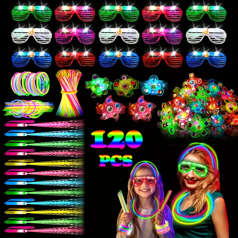 Neon Glow Accessory Party Supplies Set with 120 Pieces including Glasses, Rings, Sticks and Hair Clips