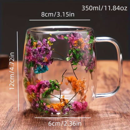 Double-Wall Glass Coffee Cup Set, Four-Piece Floral and Petal Design Mugs with Clear Handles for Tea and Lattes