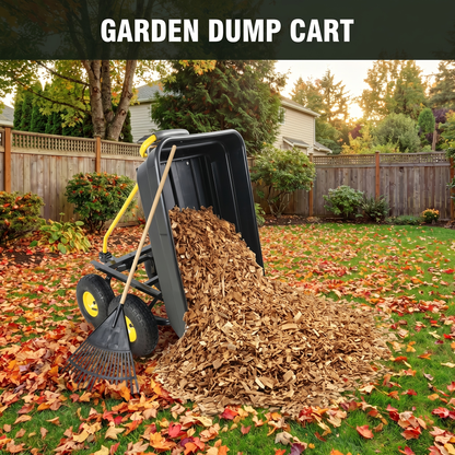 Garden Dump Cart 4-Wheel Heavy Duty Steel Frame Rust-Resistant Poly Bed Quick-Release Dump Feature Foldable D-Handle All-Terrain Yard Wagon for Landscaping Lawn
