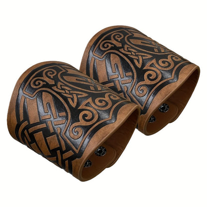 Viking Leather Cuff Bracelet Set 2pcs Norse Mythology Mjolnir Vegvisir Embossed Wristband for Men Women Halloween Gift