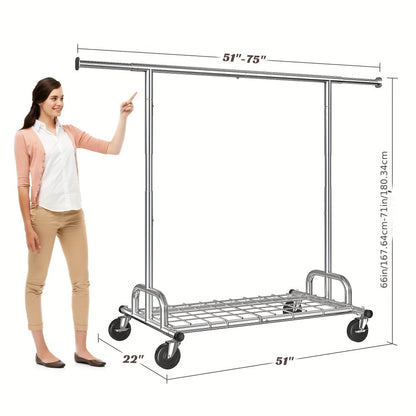 Adjustable Rolling Garment Rack with 51- to 75-Inch Top Bar, 70-Inch Height and 22-Inch Base