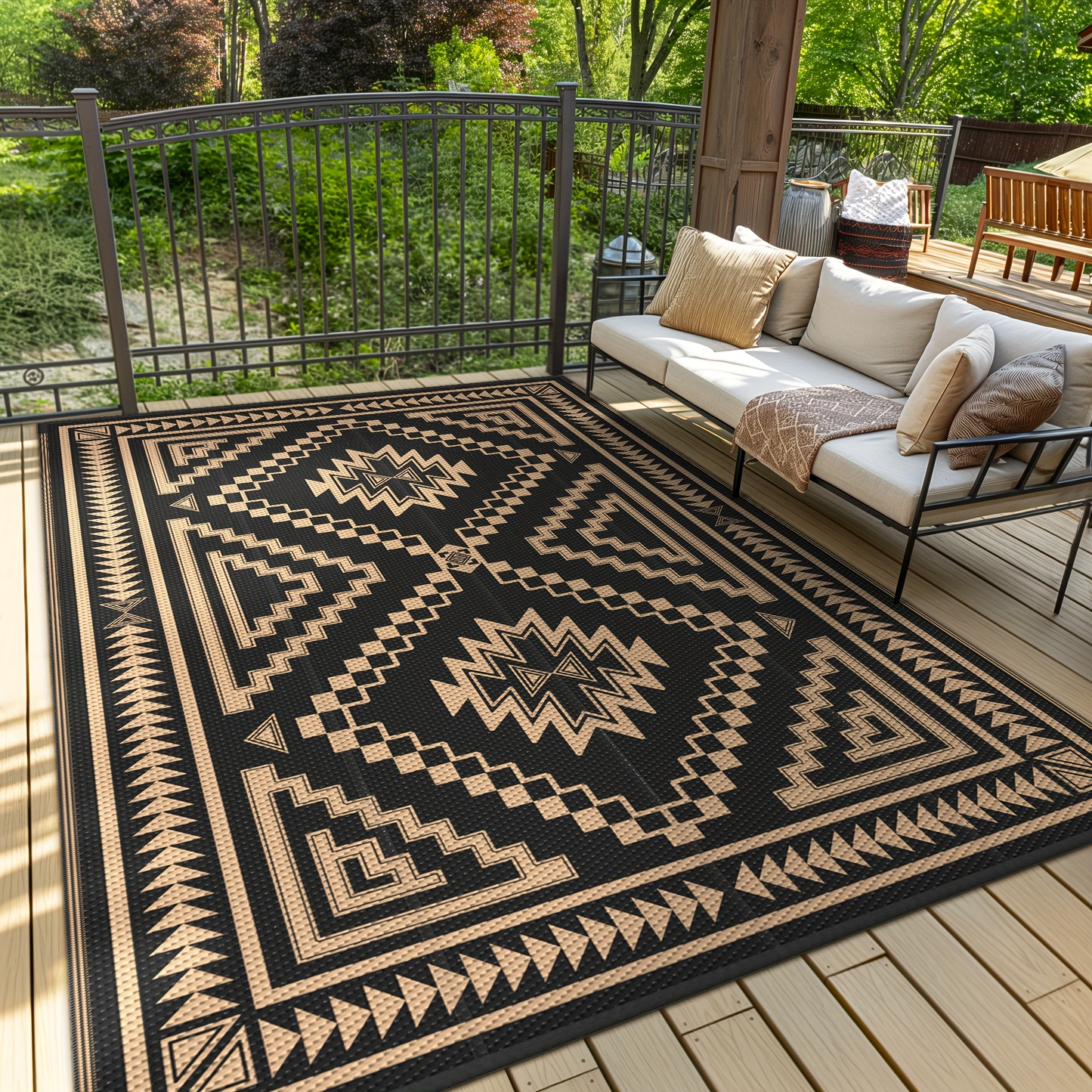 Reversible Outdoor Rug in Multiple Geometric, Border and Leaf Patterns with Displayed Sizes from 5 x 8 to 9 x 12 Feet