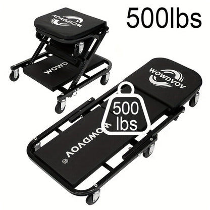 Mechanic Creeper 3-in-1 Z-Shape – 500 lb Capacity Foldable Garage Repair Stool, Lying Sitting Leaning Rolling Creeper with 6 Wheel Rollers for Auto Repair