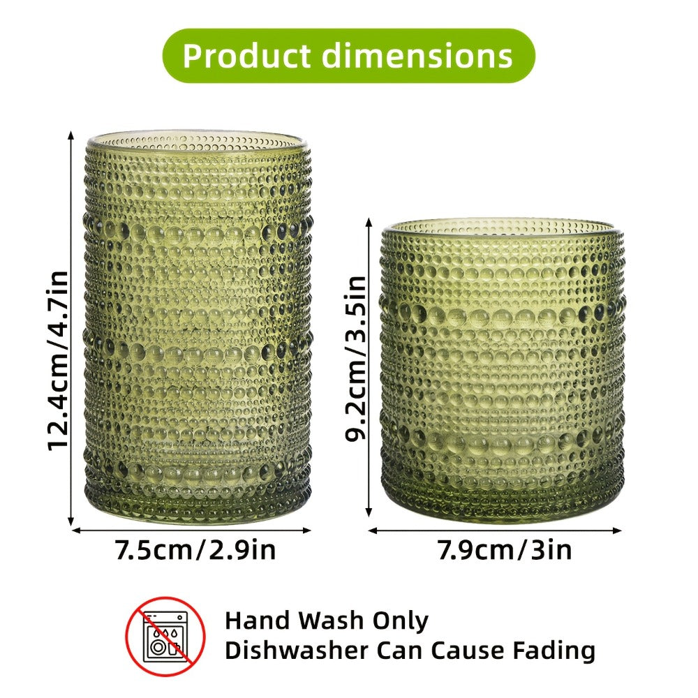 Embossed Highball Glass Drinkware Set, 12-Piece Clear, Green or Blue Cups in 10oz and 12oz Sizes