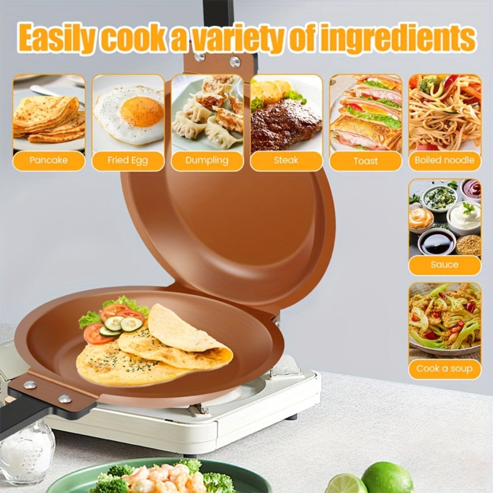 Double-Sided Omelette Pan Cookware with 7.09in Round Wells, Reversible Hinge and Golden Finish