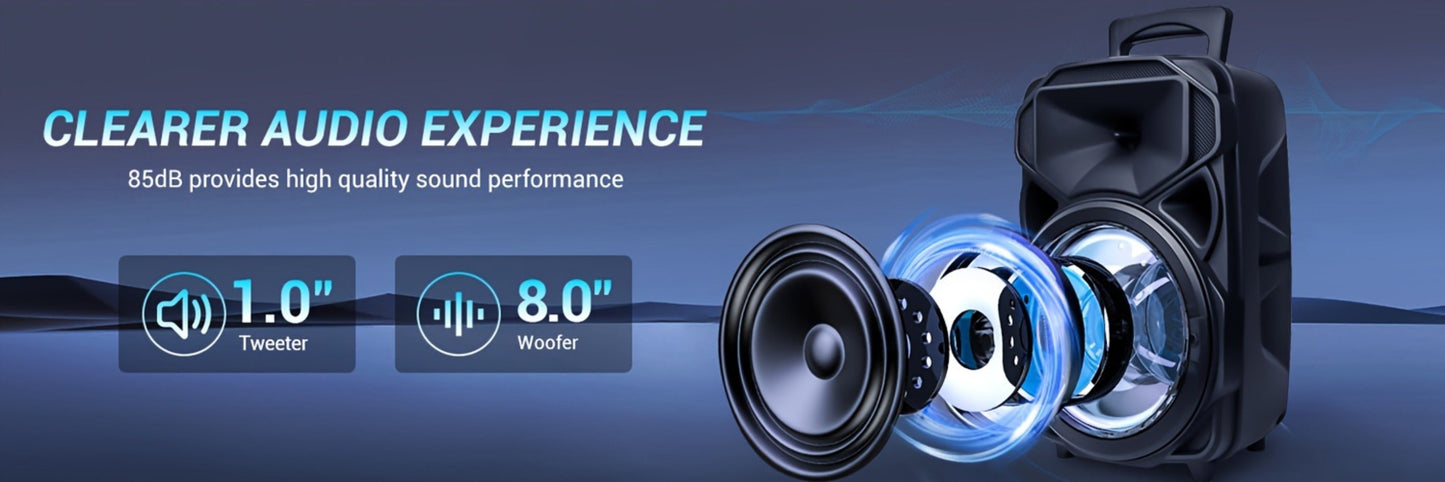 8-Inch Portable Party Speaker with Bluetooth, FM, LED Light, Remote, Microphone, AUX, USB and TF, Four Options