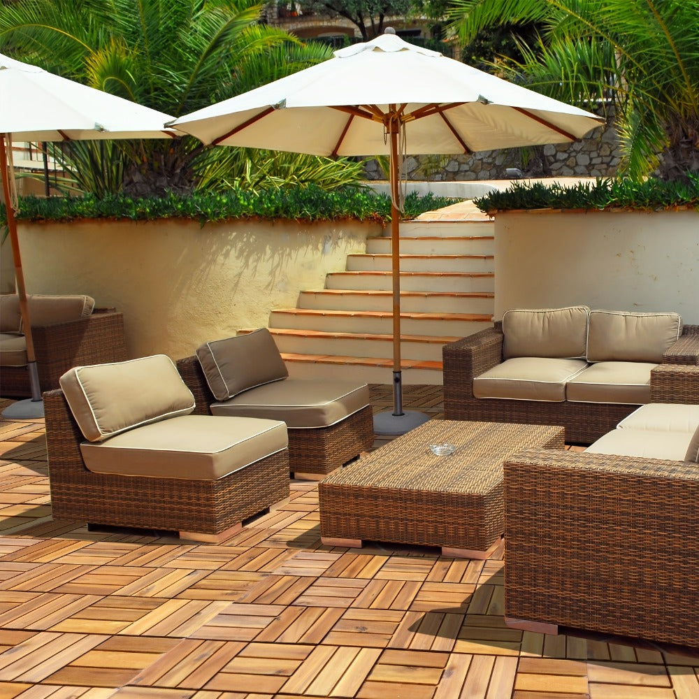 Interlocking Acacia Wood Deck Tiles, 27-Pack of 12-Inch Slatted Squares for Patio, Balcony or Indoor Floors