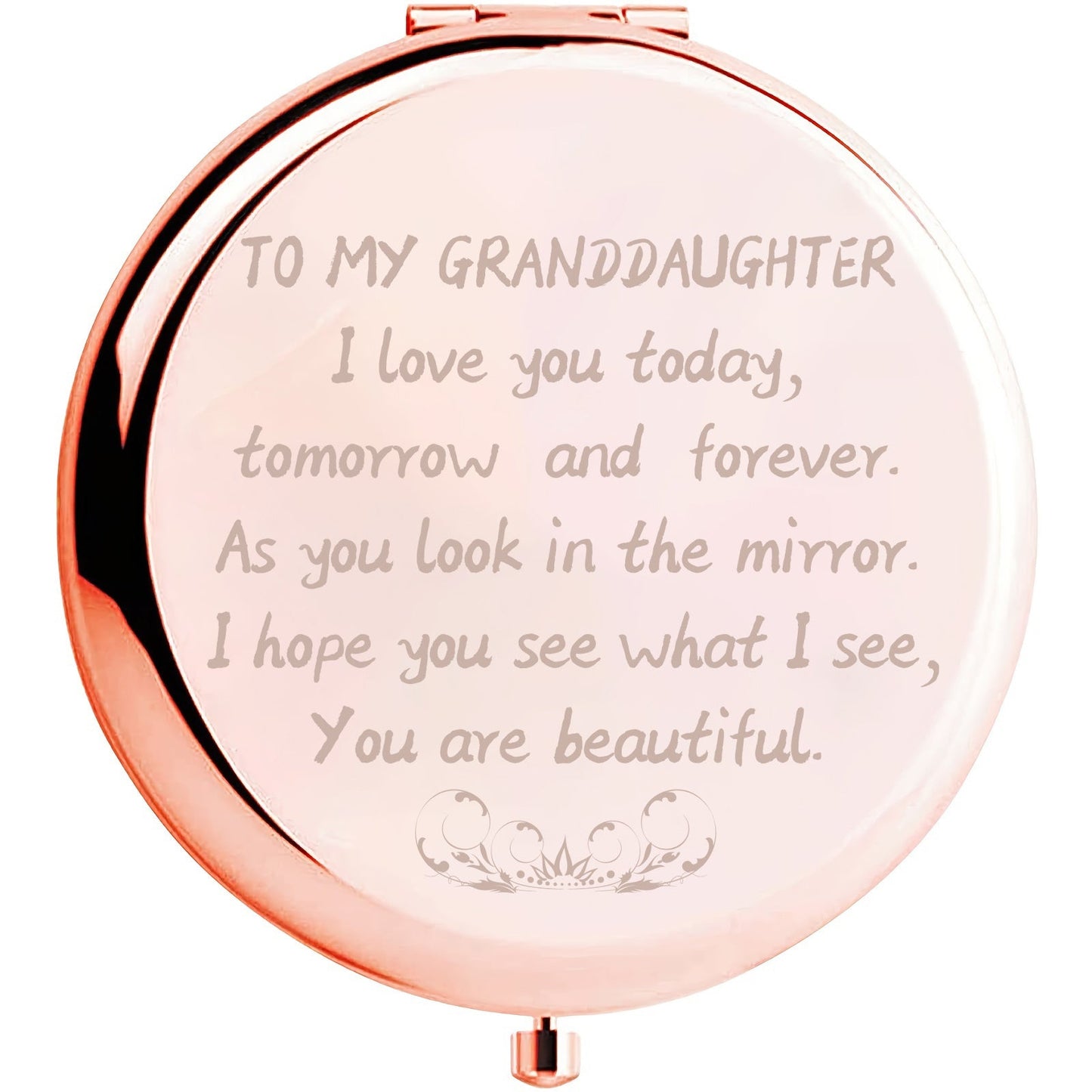 Rose-Gold Granddaughter Compact Mirror with Regular and Magnifying Views, Engraved Message and 2.9 x 2.6-Inch Case