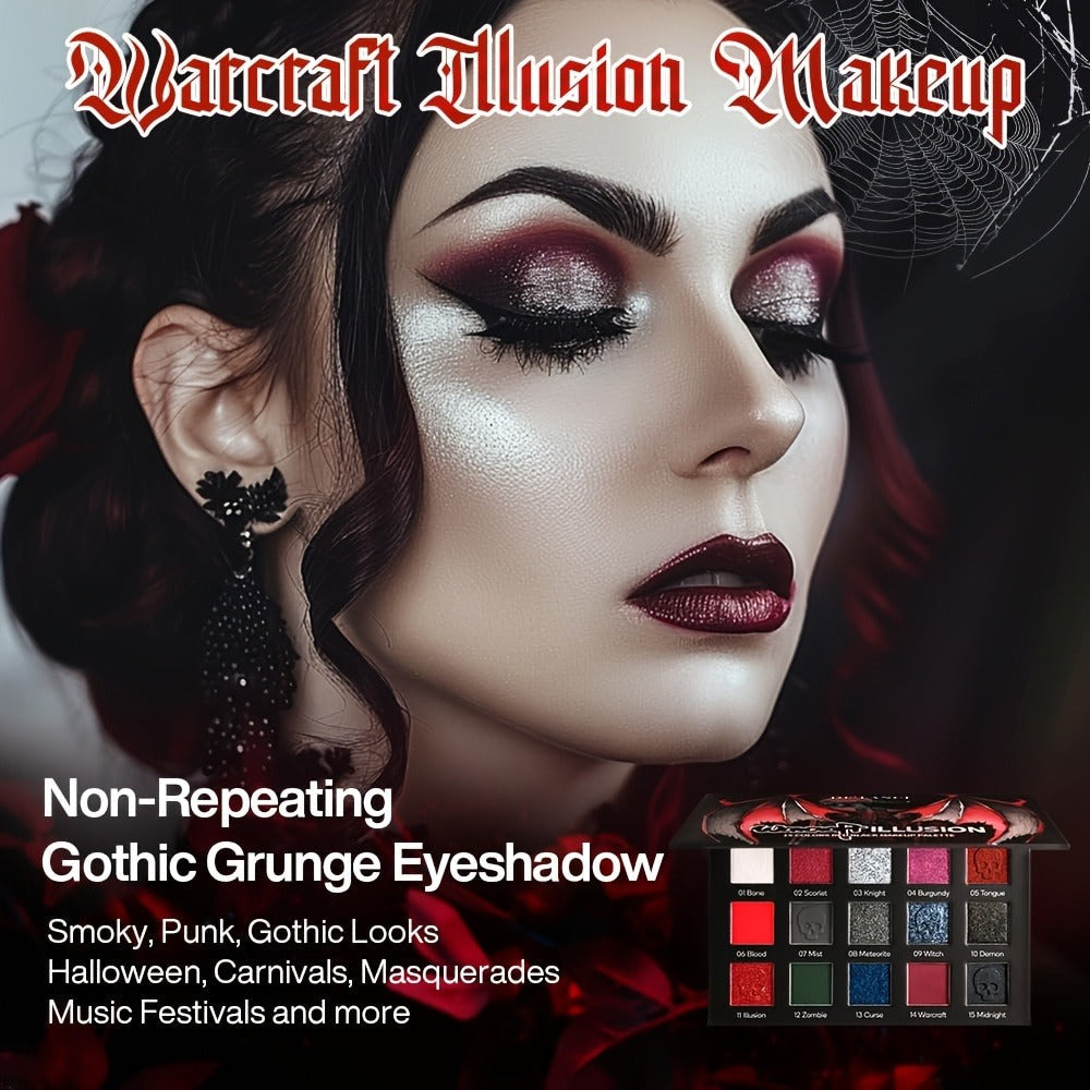 Eyeshadow Palette 15-Shade Dark Gothic Color Mix with Matte, Shimmer and Glitter Finishes in Black Case