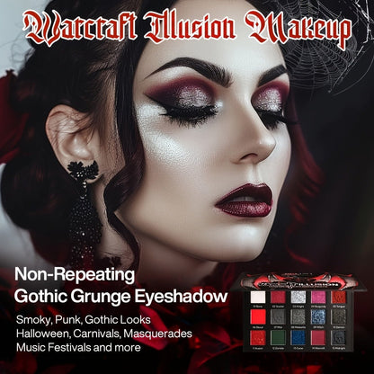 Eyeshadow Palette 15-Shade Dark Gothic Color Mix with Matte, Shimmer and Glitter Finishes in Black Case