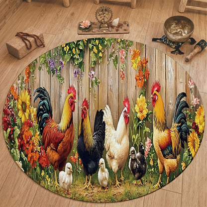 Rooster Farmhouse Kitchen Rugs in Round, Runner and 1- to 4-Piece Mat Set Size Options for Floors