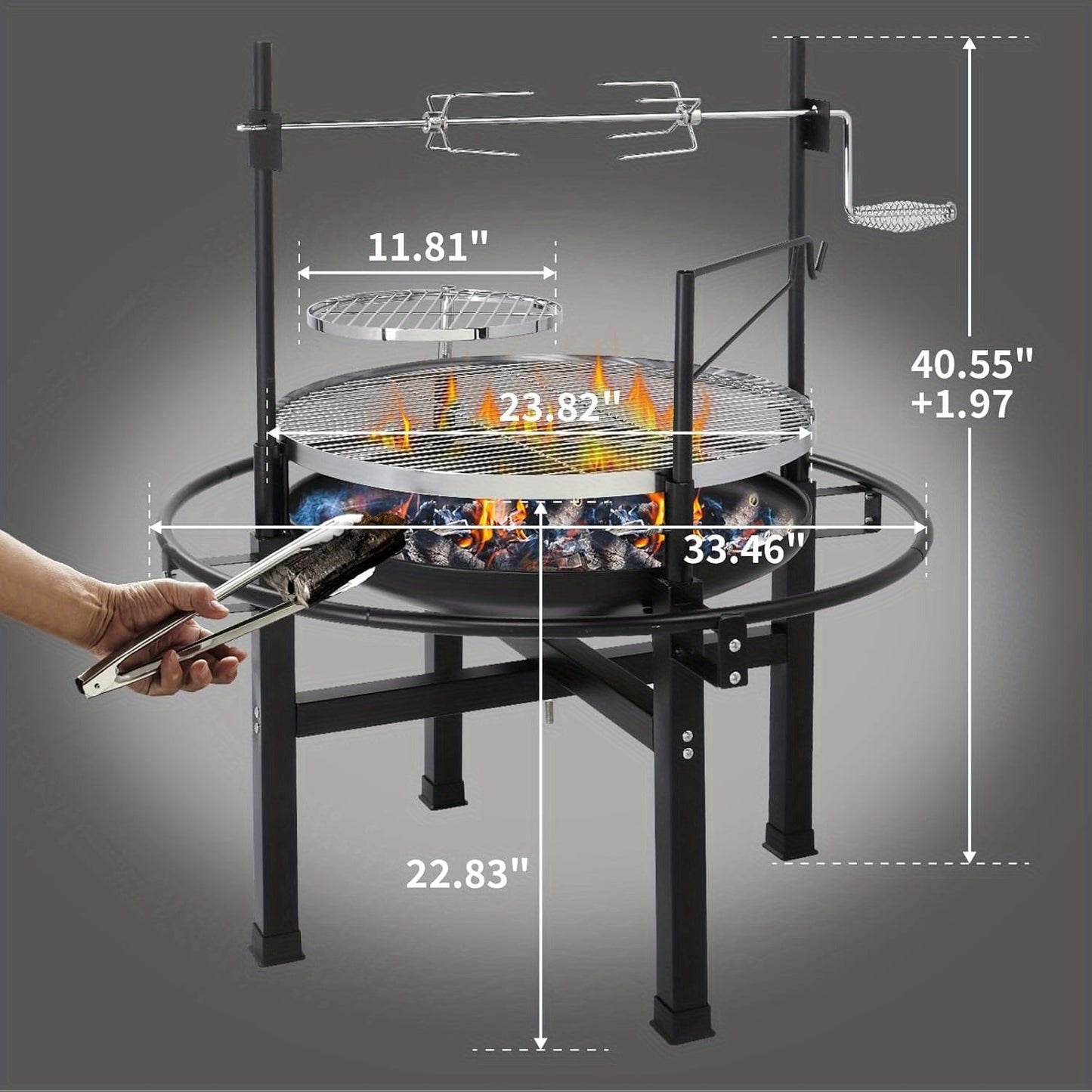 33-Inch Wood-Burning BBQ Fire Pit with Swivel Cooking Grate, Two Removable Grills and Height-Adjustable Rack