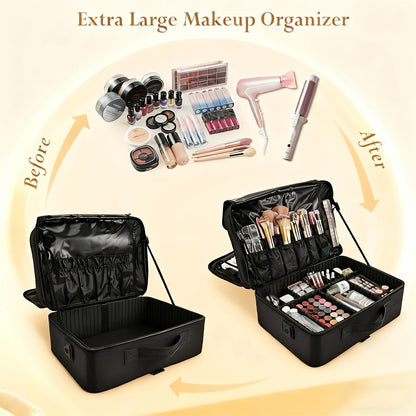 Black 15.8-Inch Soft Makeup Train Case with Three-Layer Interior, Brush Panel and Shoulder Strap