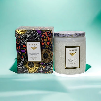 Single-Wick Relief Glass Jar Candle with Seven Scent Labels, Crystal-Style Detail and Boxed Presentation
