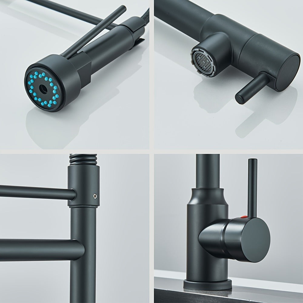 Single-Hole Pull-Down Kitchen Faucet with Spring Spout, 360° Swivel Sprayer and Three Finish Options