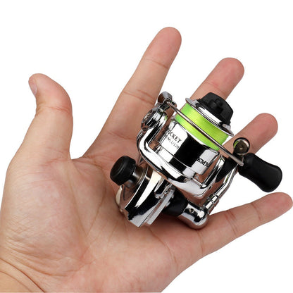 Mini Spinning Fishing Reel with Folding Handle, Green Line Spool and Compact 9 x 9 x 8 cm Profile