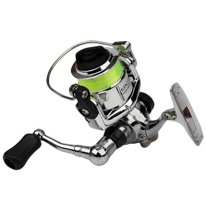 Mini Spinning Fishing Reel with Folding Handle, Green Line Spool and Compact 9 x 9 x 8 cm Profile