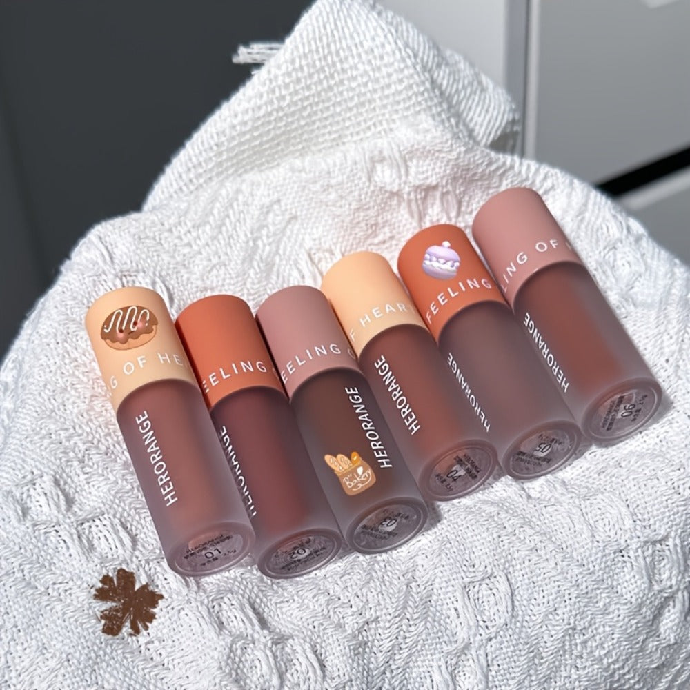 Velvet Matte Liquid Lipstick Set 6PCS 2-in-1 Lip Glaze and Eyeshadow - Chocolate Nude Brown, for Makeup, Travel and Everyday Vanity Use