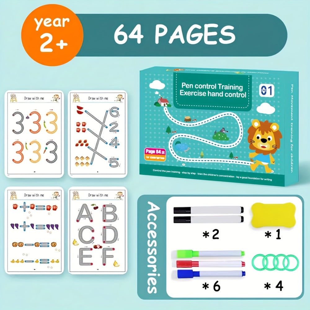 64-Page Wipe-Clean Tracing Workbook with Eight Color Pens, Eraser and Reusable Line Practice Activities