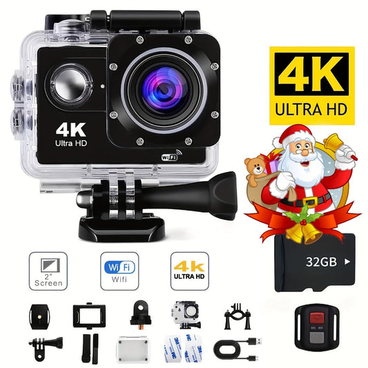 WiFi Action Camera 4K with Remote Control Kit & 32GB Card – 170° Ultra-Wide Angle, 2" Display, Auto Focus, Waterproof Case for Outdoor Sports, Vlogging, Travel & Father's Day Gift