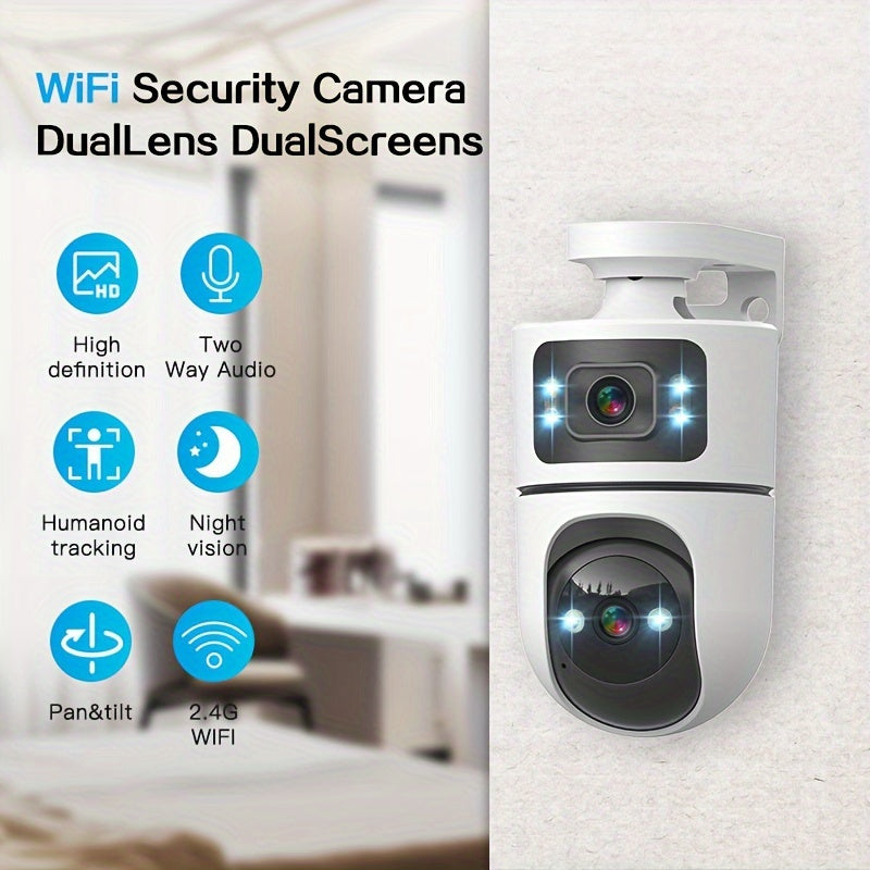 Dual Lens PTZ Outdoor Security Camera IP66 Weatherproof with Auto Tracking, Dual Screen, Night Vision, 2-Way Audio, Motion Detection & 2.4G WiFi – Wireless IP Cam for Home & Street Surveillance
