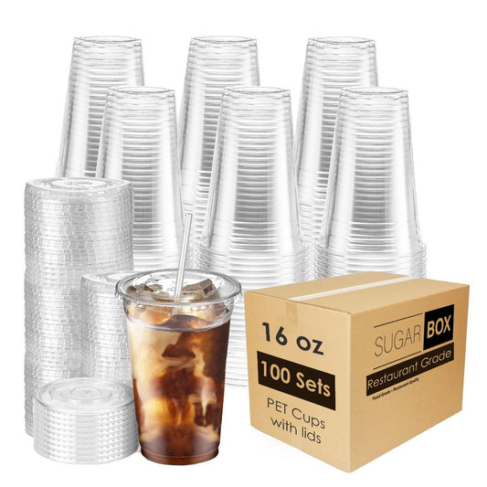 Disposable Clear Plastic Cups with Flat Lids – 16oz & 24oz PET Crystal Cold Drink Cups for Iced Coffee, Smoothie, Bubble Tea, Party Supplies, Thanksgiving Halloween Christmas – 100 or 500 Pack