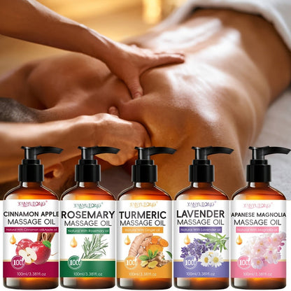 100 ml Pump-Bottle Massage Oil in Lavender, Sakura, Cinnamon Apple or Rosemary, Plus Five-Bottle Gift Set