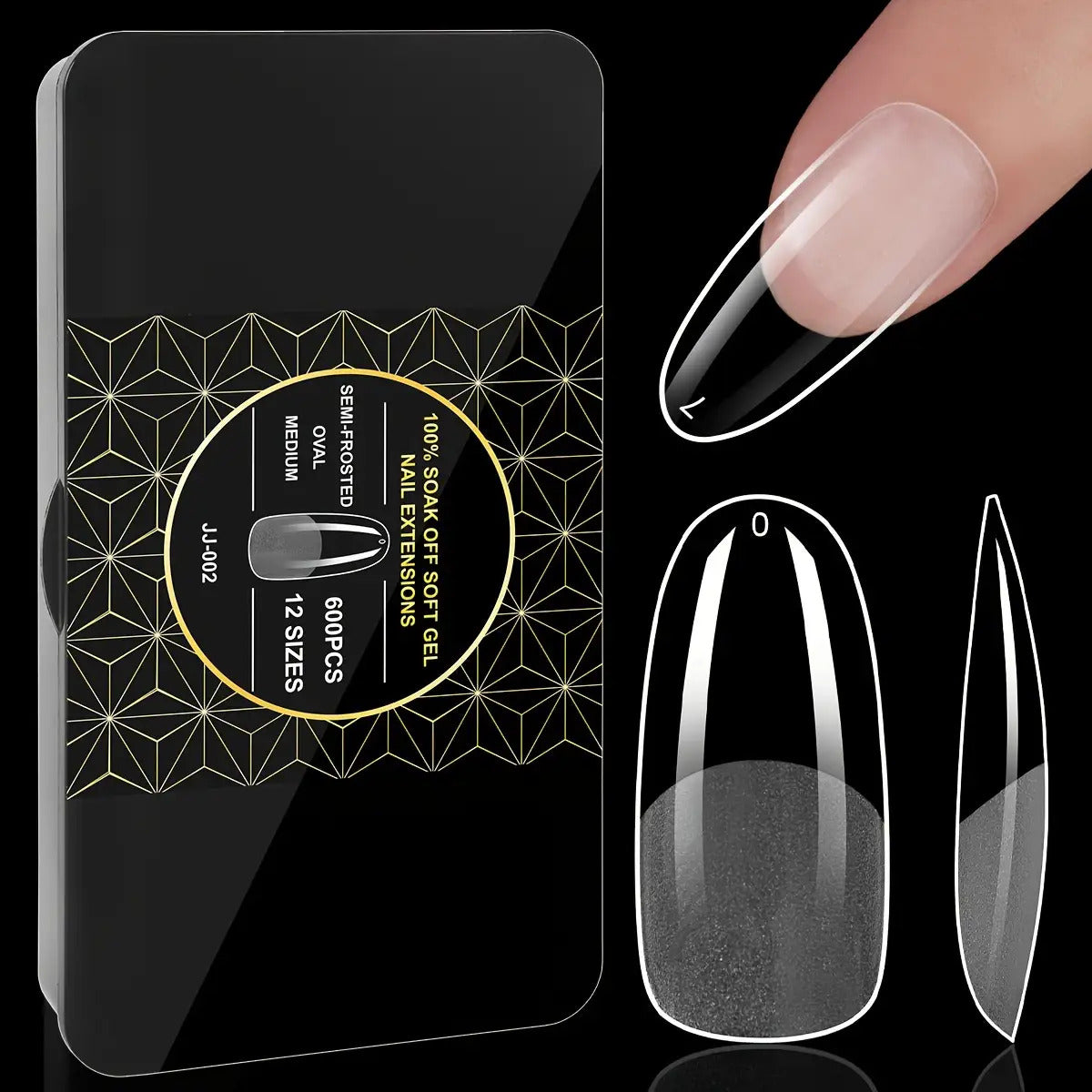 Clear Full-Cover Nail Tips, 600-Piece Set in Nine Almond, Oval, Stiletto, Coffin and Square Length Options