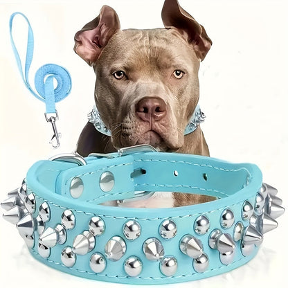 Rivet-Studded Dog Collar and Matching Leash Set with Metal Buckle, Five Colors and XS–XXL Sizing
